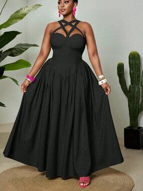 Black sexy Womens Plus Size Elegant Spaghetti Strap Asymmetric Neck Flowy Dress